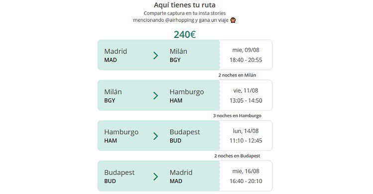 Pantallazo de Airhopping con el viaje simulado.