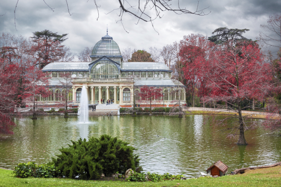 The Palacio de Cristal over the lake in Madrid at winter, Spain