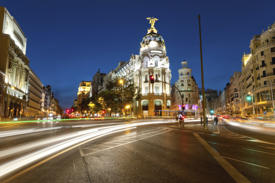 Alcala and Gran Via street in Madrid by night
