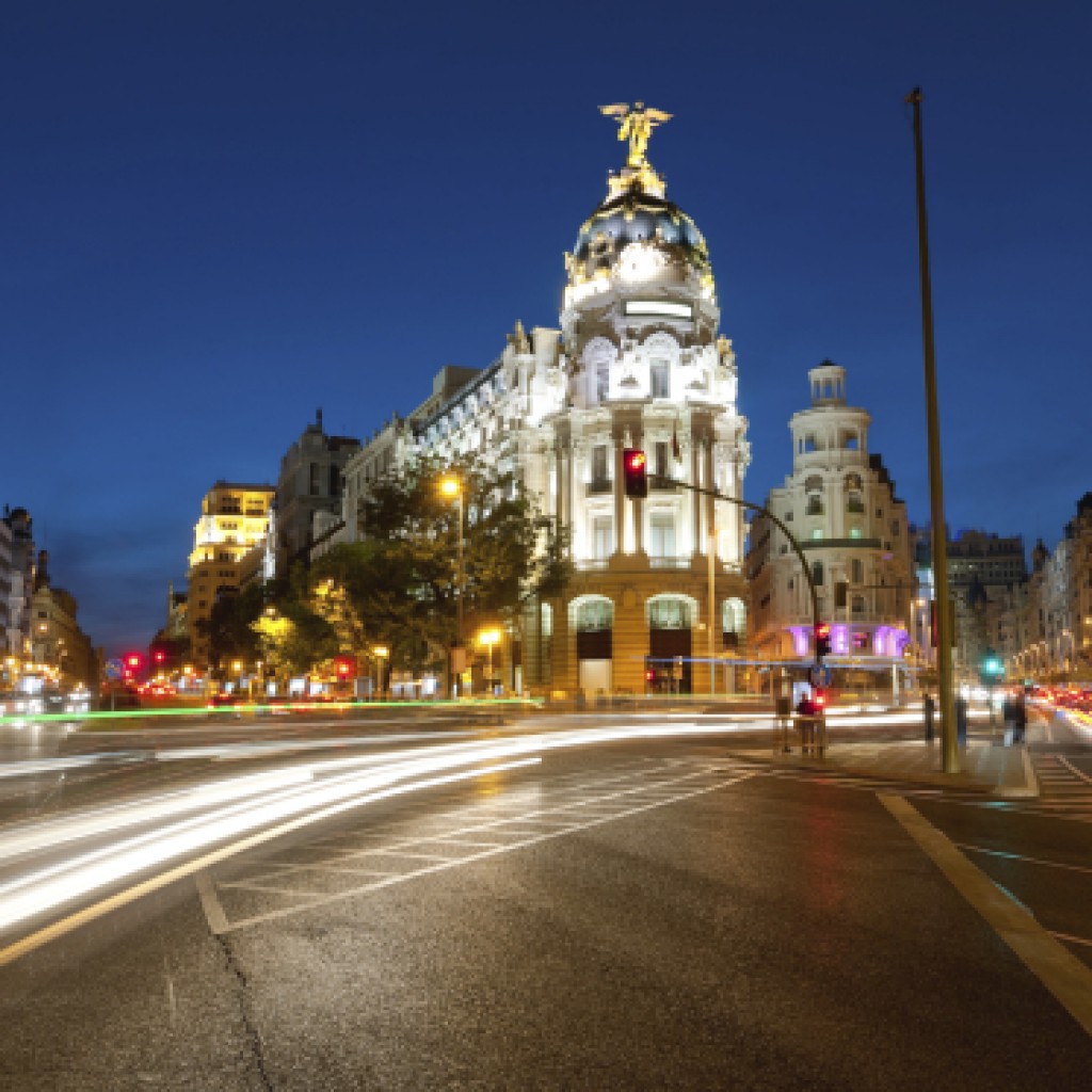 Alcala and Gran Via street in Madrid by night