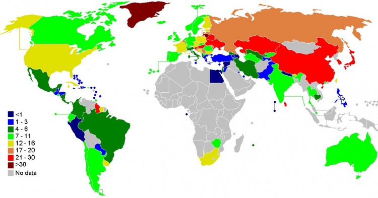 Tasa de suicidios en el mundo (Wikimedia)