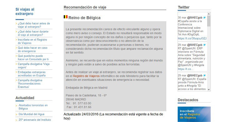 Página de recomendaciones para viajar a Bélgica después de los atentados. (Ministerio de Exteriores).