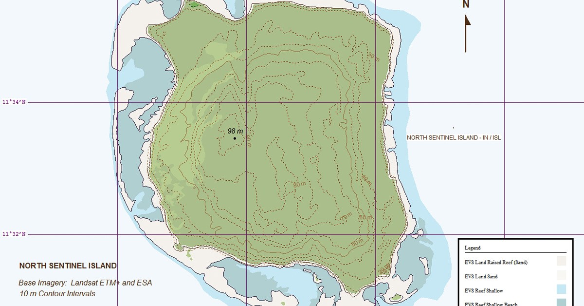 Mapa de la Isla Sentinel del Norte, ubicada en el Océano Índico