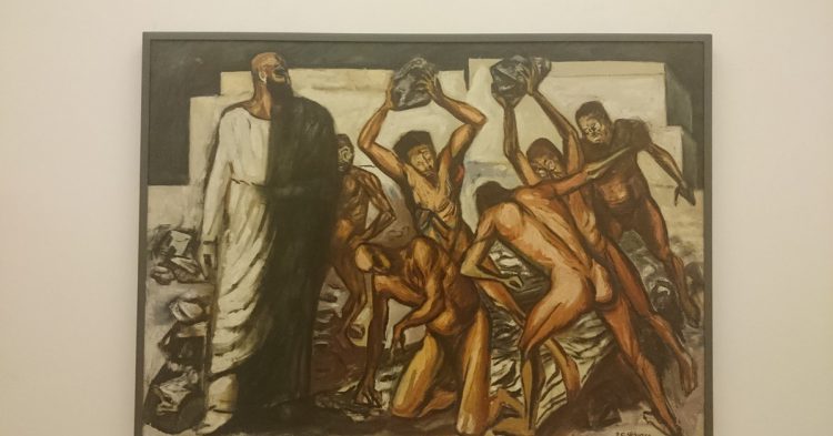 Imagen de una obra de arte que refleja una lapidación. 