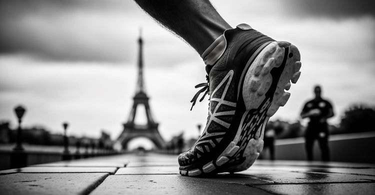 Pie de un atleta corriendo en la Torre Eiffel, en París. (Adobe Stock)
